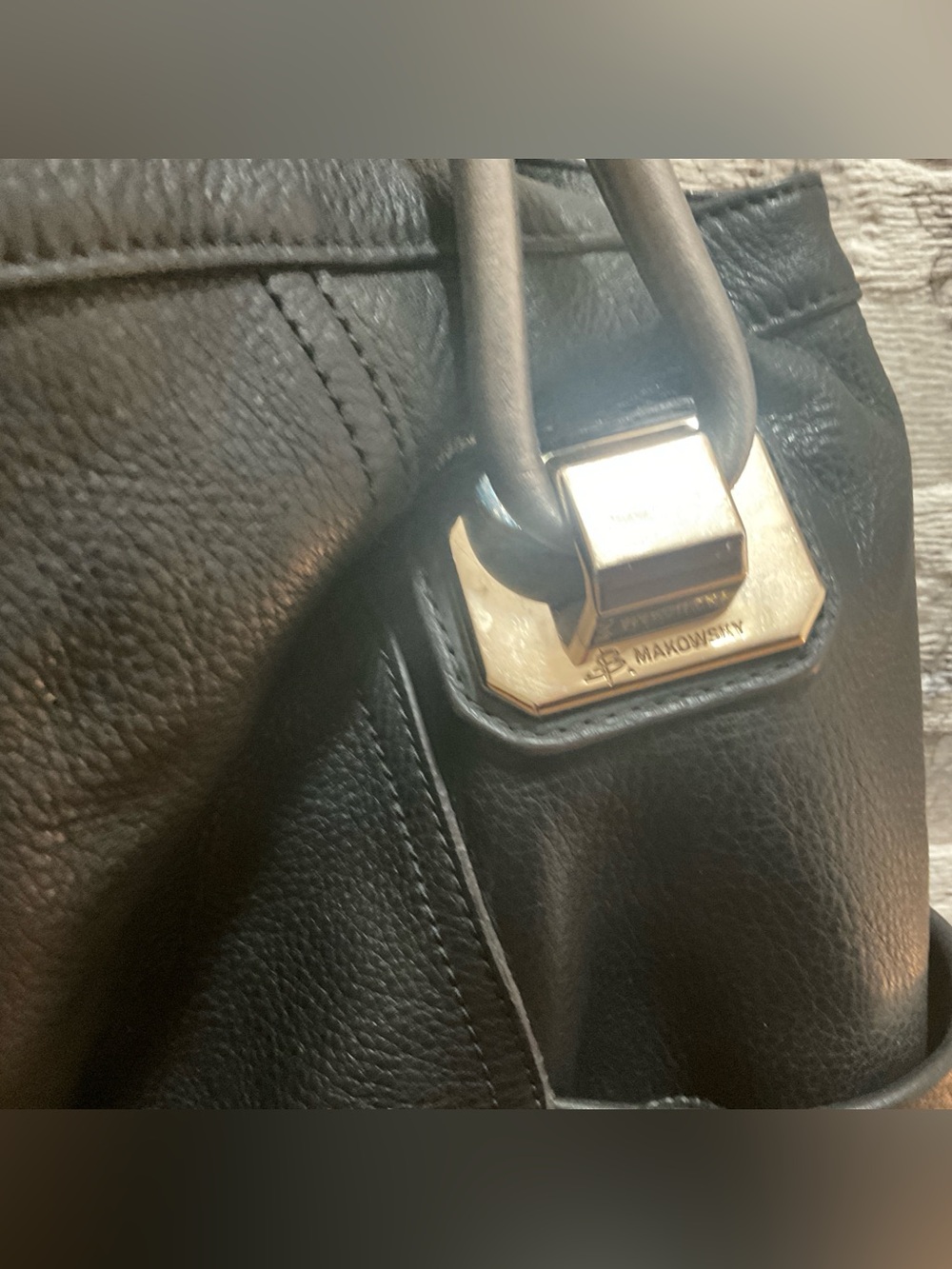 B Makowsky Pebbled Leather Magnetic Close Purse Handbag Black/Gray Double Handle - Picture 6 of 12